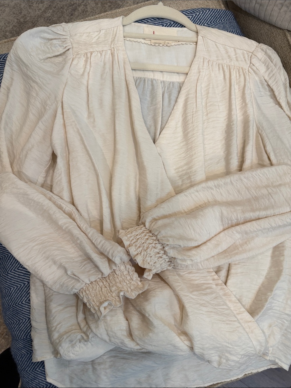 Anthropologie Cream Textured V-Neck Blouse with Smocked Cuffs